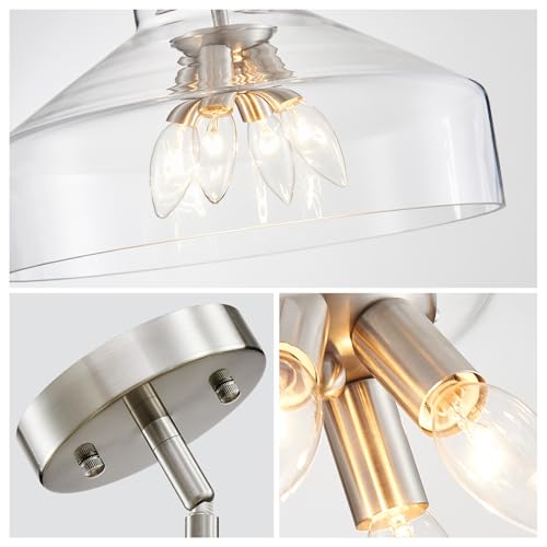 Image of WUZUPS Chandelier Rustic Farmhouse Industrial Round Ceiling Pendant LED Light Fixture with Clear Glass Shades for Dining Room Kitchen Island Foyer Entryway, H 11.8 inch W 15 inch, E26 Base, Gold