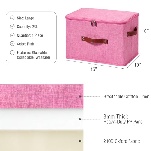Image of Storage Bin Box with Zippered Lid Cotton Linen Fabric Decorative Basket with PU Leather Handles PP Plastic Board Foldable Lidded Clothing Shelf Closet Organizer Container (Pink, Large)