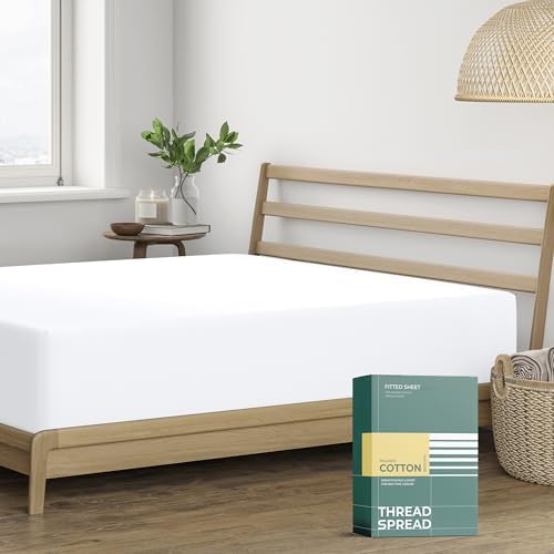 THREAD SPREAD 100% Organic Cotton Percale Weave Fitted Sheet Queen Size, White, 1 Deep Pocket Queen Fitted Sheet, Fits Mattress Upto 16" Crisp and Cool Bed Linen, Luxury GOTS Certified Sheets