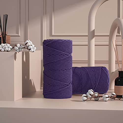 Image of ZUEXT Macrame Cord, Dark Violet, 5mm x 109yds Cotton String Macrame Yarn | 100% Natural Handmade, 4 Strands Twisted Cotton Rope, For Wall Hanging Plant Hangers Gift Wrapping Tapestry DIY Crafts, 100m