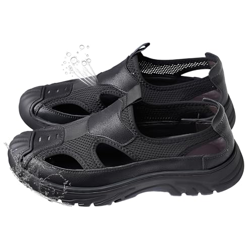 Men's Slip on Sport Sandals Leather Closed Toe Lightweight Breathable Non Slip Beach Athletic Outdoor Shoes for Hiking Travel Walking