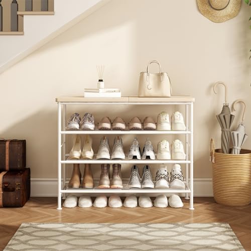 Image of SUOERNUO Shoe Rack Organizer 4 Tier for Closet Entryway Free Standing Metal Storage Shoe Shelf with MDF Top Board,White+Oak
