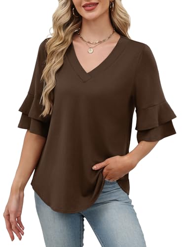 Image of OFEEFAN Spring Tops for Women Boho Shirts Fashion Clothing Cute 3 /4 Length Sleeve Blouses Dressy Casual Summer Outfits