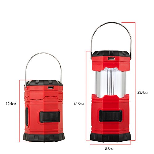 TANSOREN Portable LED Camping Lantern Solar USB Rechargeable or 3 AA Power Supply, Built-in Power Bank Compati Android Charge, Waterproof Collapsible Emergency LED Light with S" Hook