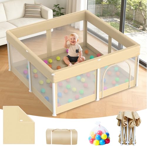Image of 60x60in Foldable Baby playpen with Mat - Folding Baby Fence Play Area with Storage Bag, Khaki