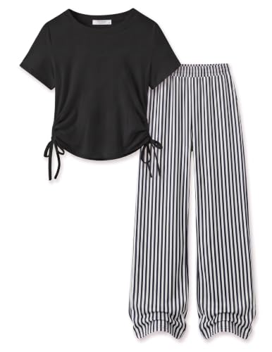 Image of Arshiner Girls 2 Piece Outfit Ruched Drawstring Tops and Wide Leg Pants Set