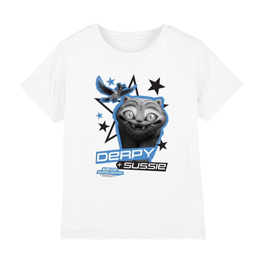 Kpop Demon Hunters Derpy and Sussie Scrapbook Stars Kids T Shirt, White, 7-8Y
