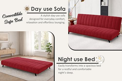 Image of Rosebell- Velvet Fabric Sofa Cum Bed 3-Seater Foldable Convertible Sofa, Modern Tufted Design Couch for Living Room, Guest Room & Office Red Color