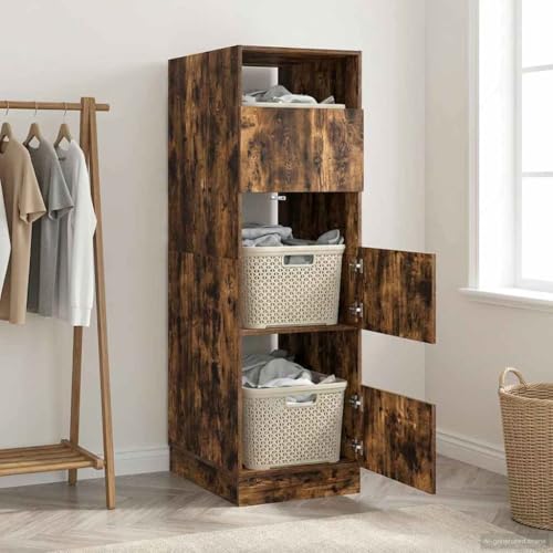 Teenpull Armario para la colada (madera de roble ahumado, 50 x 68 x 162 cm, material de madera, moderno armario multiusos con 6 compartimentos y 3 puertas) para baño, dormitorio, pasillo, ahorro de