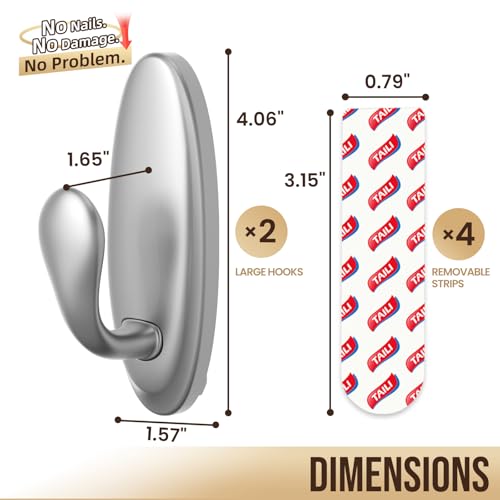 Image of TAILI Metal Adhesive Hooks for Wall No Damage, 2 Pack Heavy Duty Silver | Hold Up to 3.3 LBS, Removable Large Hooks for Coats, Wreath, Towels, No Drill for Home, RV, Dorm, Rental, Decorative Hangers