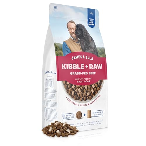 James & Ella Kibble + Raw Dog Food - Grass Fed Beef (1.5kg) Nutritious High Protein Kibble Combined with Freeze-Dried Raw Meat Nuggets Contains Essential Oils & Minerals Grain & Gluten Free