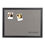 Bulletin Board 36 x 24 Inch, 100% Wood Framed Canvas Cork Board with Grey Fabric, Wall Mounted Notic