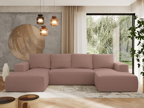MKS MEBLE Sofa mit Schlaffunktion - Ecksofa mit Schlaffunktion und Bettkasten - Sofa 3 4 5 Sitzer - Schlafsofa - Couch - Schlafsofa mit Bettkasten - Trentino U - Rosa Boucle