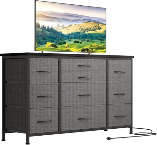 Zstar Cómoda para Dormitorio con cajones, Marco de Metal, Mueble de TV de Tela con 3 enchufes, decoración Moderna, Mesa de Madera, cómoda con 10 cajones para Dormitorio, Sala de Estar, Gris
