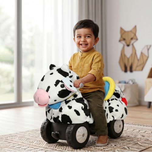 Image of Toyzone Little Soft Cow Ride on | Cloth-Covered Ride On Toy with Wheels | Back Support | Indoor & Outdoor Ride-On for Toddlers 1-4 Years