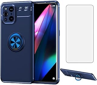 Asuwish Compatible with OPPO Find X3/X3 Pro 5G Phone Case and Tempered Glass Screen Protector With Ring Stand Kickstand Silicone Magnetic Metal FindX3 3X X3Pro CPH2173 Galaxies Gaxaly Women Men Blue