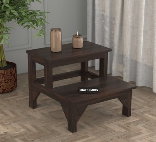 Image of CRAFT D ARTS Solid Sheesham Wood Double Step Stool for Kitchen | Two Step Stool for Adults and Kids | Heavy Duty for Kitchen, Bathroom | (Walnut Finish)