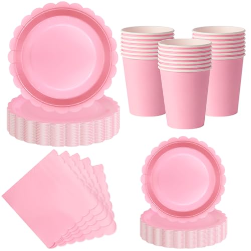 Nkaiso Platos Vasos Desechables, 50 Piezas Rosa claro Vajilla de Fiesta, 10x 23cm & 10 x 18cm Platos de Carton, 10 Vasos, 20 Servilletas - Para Bodas, Aniversarios, Eventos Especiales -16 Invitados