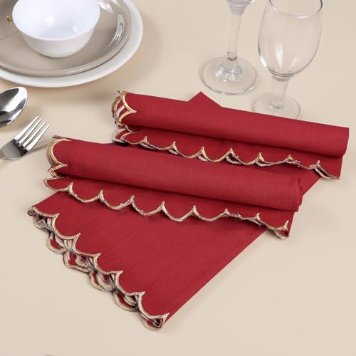 Image of FINGERCRAFT Scallop Edge Cloth Napkins Red with Golden Zari | Set of 6 | 20x20 Inches | 100% Cotton | Table Napkins for Any Occasion | Washable, Perfect for Parties and Everyday Use
