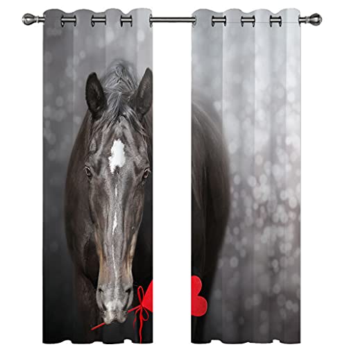 Rideaux Occultants 140x160Cm Chevaux d'animaux en Forme De Cœur Rouge Motif 3D Rideau Occultant Isolant Thermique pour Chambre À Coucher Salon 2 Panneaux...