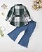 XUANHAO 12 Month Girl Clothes Infant Baby Girls Outfits 18 Month Girls Clothes Winter Green Plaid Button Down Flannel Shirt Flare Jeans Cute Bell Bottom Clothing Sets Baby Girl Outfits 12-18 Months