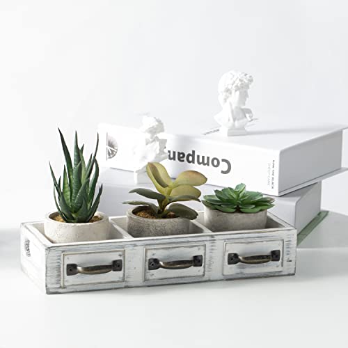 Mygift Assorted Small Artificial Succulent Plants In Round Pots With Vintage White Wood Drawer Design Box Tray With Decorative Handles #TOP2