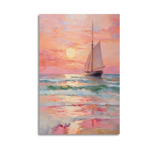 Vintage Sailboat Sunrise Seascape Oil Painting Wall Art Classic Nautical Canvas Print Coastal Home Decor Artwork for Living Room Bedroom Office12x18inch(30x45cm) Single Hanging Picture