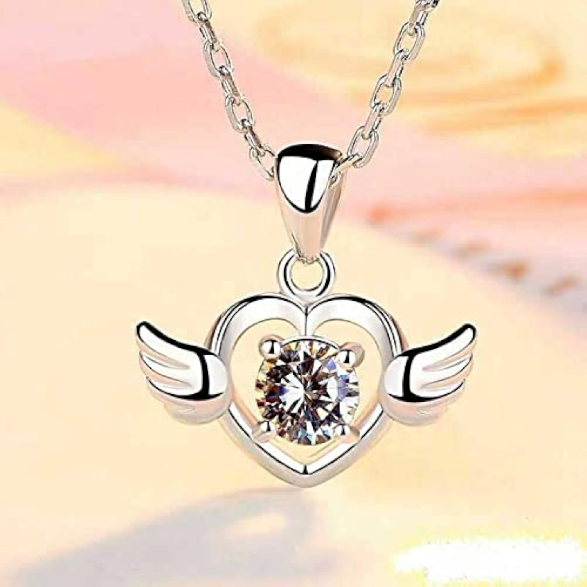 Silver Angel Winged Heart Pendant Necklace