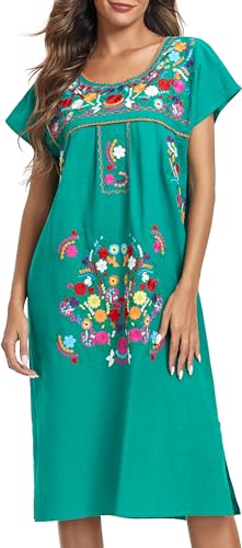 Image of YZXDORWJ Women Mexican Embroidered Long Dress Ruffle Collar Maxi Boho Floral Summer Short Sleeve