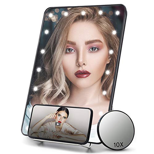 FASCINATE Portable Lighted Makeup Mirror with Phone Holder and 10x Magnification, LED Vanity Mirror Dimmable Touch Screen Dual Supply Cosmetic Tabletop Mirror Black Small Hanging Mirror