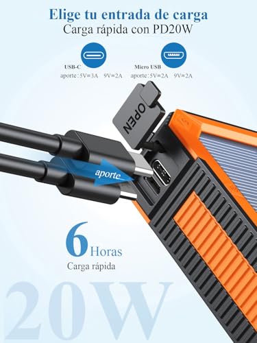 Batería externa solar de 20000mAh y carga rápida USB C para teléfonos 4