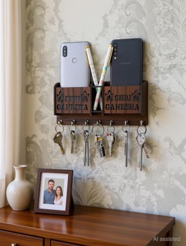 Image of CAPIO ART Wooden Wall Mounted Key Holder with 7 Hooks & Shri Ganesha Design