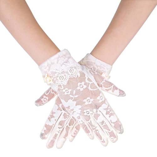 Yolev White Lace Gloves Short Floral Tea Gloves With Bow Vintage ...