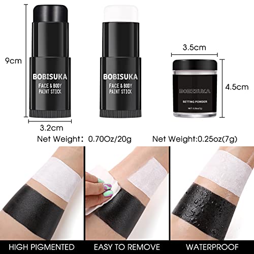 BOBISUKA Black White Face Paint Stick with Setting Powder Set, Eye Black Sticks for Sports, Body Paints for Clown Skeleton Vampire Skull Cosplay Special Effects Costume SFX Halloween Makeup Kit - Image 4