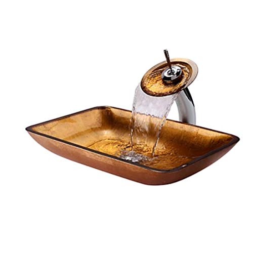 Lavabo de cristal para lavabo, 56 x 35,6 x 11 cm, cristal templado dorado, con grifo para lavabo