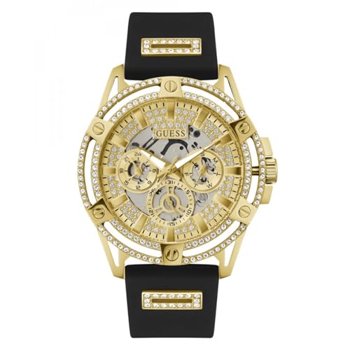 Guess US   Reloj multifunción de Silicona Negra y Dorado para Hombre, Negro/Tono Dorado/champán, King: