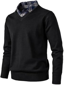 Herothorn Gebreide trui voor heren, modieuze trui, zacht aanvoelende V-hals sweatshirt top met geruite of witte mock-overhemdkraag, A-blauw, M