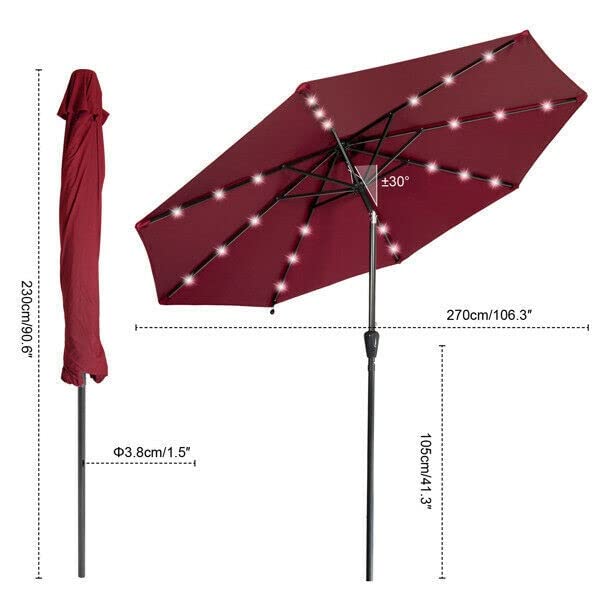 Garden Parasol 2.7M Parasol Parasol Outdoor Solar Parasol z 24 -LED światłami, przechylnymi i korbą na patio parasol ogrodowy Parasol Sun Shade
