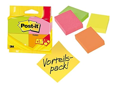 Post-it Notatki, różne neonowe kolory, pakiet promocyjny 3 + 1 darmowe podkładki, 38 mm x 51 mm, 100 arkuszy na podkładkę, dodatkowe karteczki samoprzylepne na ściany, monitory i lodówkę