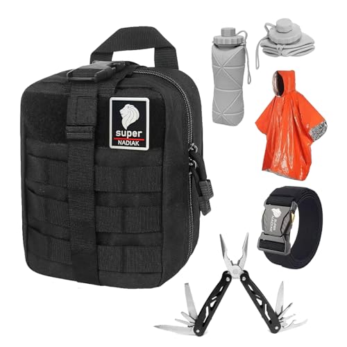 Kit de Survie et Aventure 5 en 1 | Sacoche Ceinture Tactique avec Ceinture Militaire, Poncho de Pluie, Gourde Pliable 600ml et Multi-Outil 9 en 1 | pour...