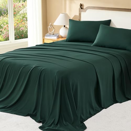 Image of Litanika Full Size Comforter Set with Sheets Dark Emerald Green - 7 Pieces Bed in a Bag Full Chevron Tufted Complete Bedding Sets with Comforter, Sheets, Pillowcases & Shams