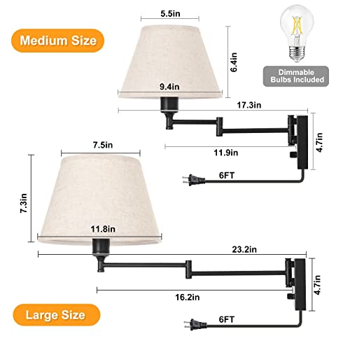 Trlife Dimmable Wall Sconce Plug In, Wall Sconces Set Of Two Swing Arm Wall Lights With Plug In Cord And On/Off Dimmer Rotary Switch, 11.8" Large Beige Fabric Shade(2 Pack, 2 Bulbs Included) #TOP2