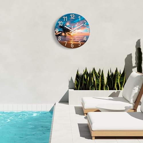 Image of XFM Large Coastal Glass Wall Clock 24 Inch for Living Room Sunset Beach | Silent Non Ticking Battery Operated Blue Nautical Modern Glass Decorative for Dining Room Bedroom Home Office