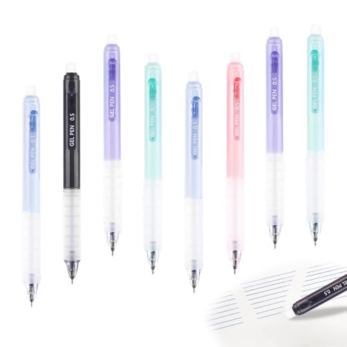 SoeUyd raderbar 8 stycken kulspetspenna, raderbara pennor, rullbara infällbara, gelpennor för studenter gåva, skolmaterial kontorsmaterial (0,5 mm)