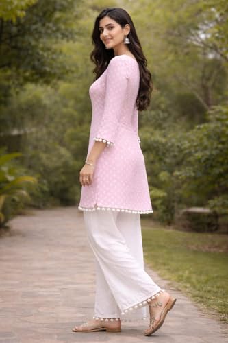 Image of Women Light Pink Polka Dotted Cotton Kurti | V-Neck, 3 /4 Sleeve, Pom-Pom Trim, A-Line Fit