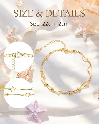 Image of Silver Ankle Bracelets for Women, Butterfly /Stars Cute Charm Anklet, 14K Gold Plated Layered Chain Anklets for Women Teen Girls