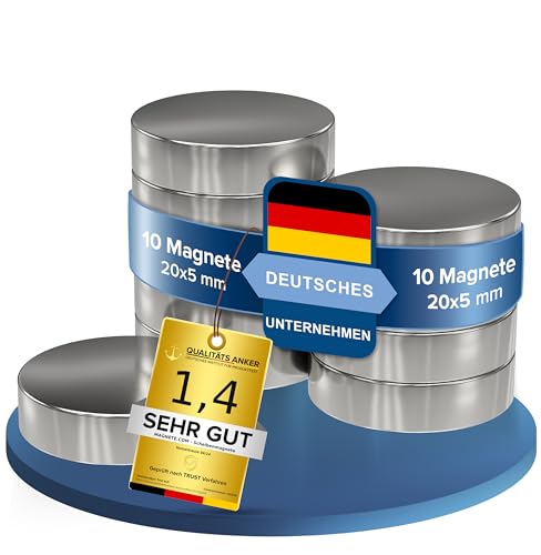 10 Stück Neodym Power Magnet silber - Scheibenmagnet extra stark rund - Durchmesser 20x5mm hoch - starke Magneten Supermagnet - Haftkraft ca. 9kg - für Magnettafel, Werkstatt