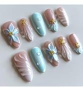 24Pcs Blue Flower Press on Nails Medium Almond French Tip Fake Nails Gold Starfish Summer Press O...