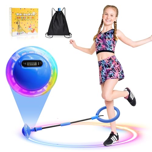 Herbst Kinder Blinkender Springring mit Zähler Timer Kalorienzähler Faltbarer Jumping Ball Fußkreisel Swing Wheel mit Lichtrad Fitness Spielzeug für Mädchen (Blau)