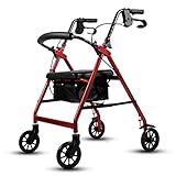 Aioneer Faltbarer Rollator, Rollator, Leichter, Faltbarer Gehwagen, Höhenverstellbarer Gehrahmen Mit Gepolstertem Sitz, 4-Rad-Transportstuhl, Gehmobilitätshilfe, Roter Gehrahmen Für Ä